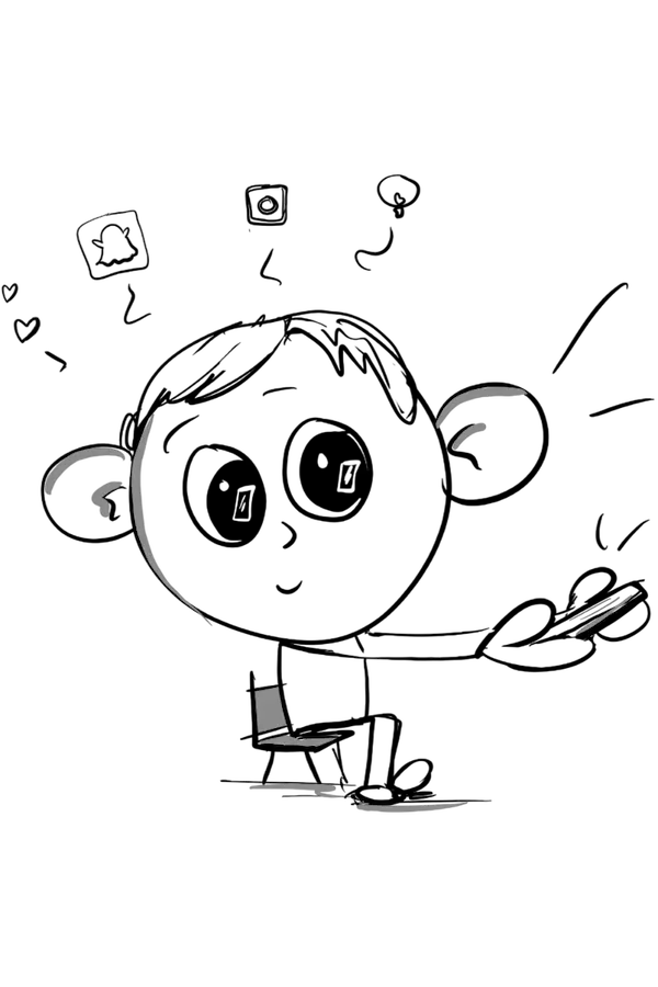 Zwart-wit cartoon lijntekening van een kind met telefoon, omringd door zwevende app-icoontjes, druk bezig met meerdere dingen tegelijk.