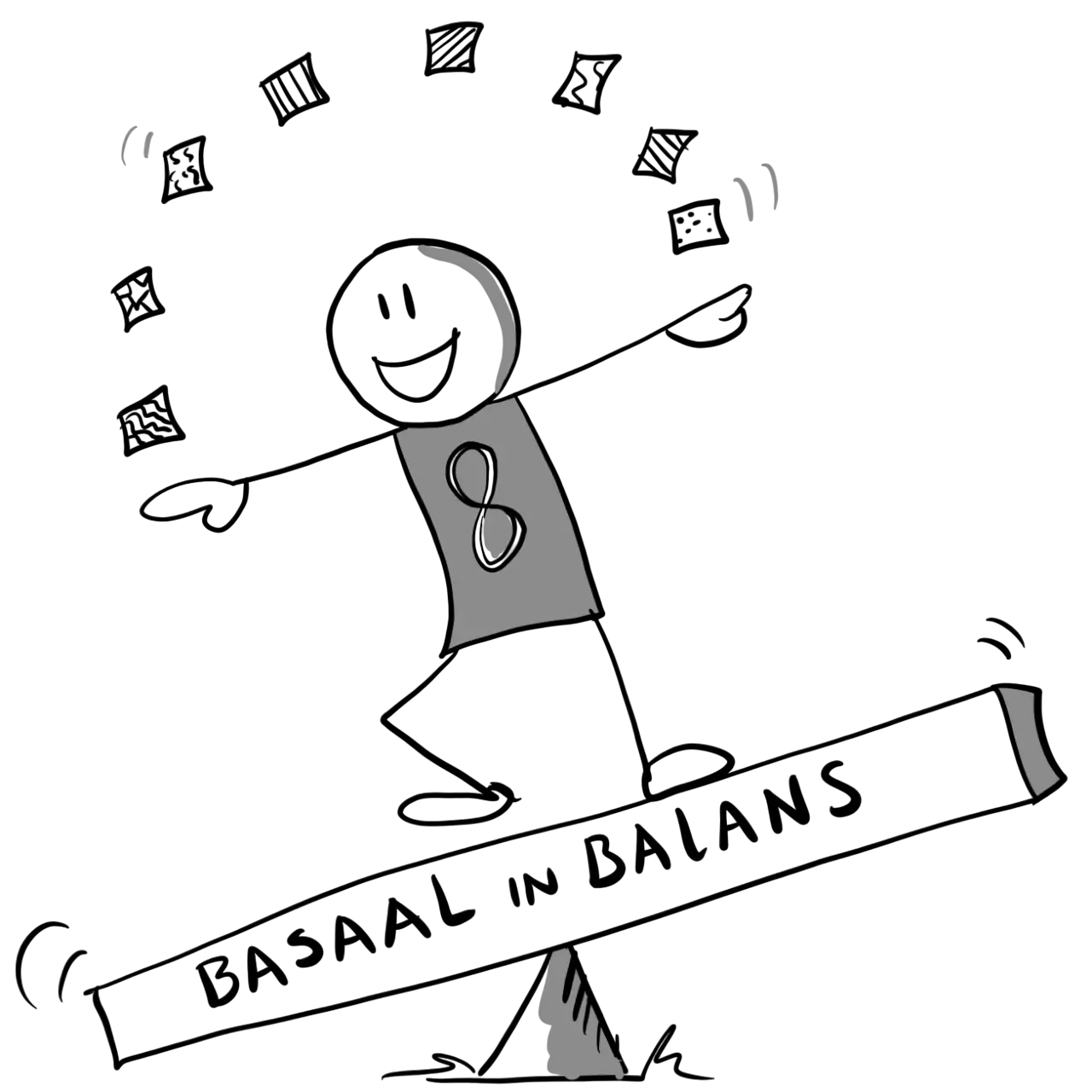 Simpele zwart-wit cartoon lijntekening van vrolijk poppetje dat balanceert op een wipwap met de woorden “Basaal in Balans”