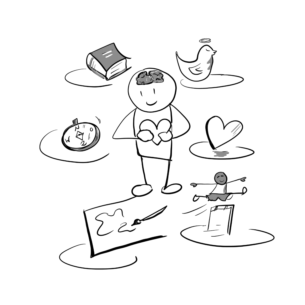 Zwart-wit cartoon lijntekening van een poppetje omringd door symbolen van cognitieve ontwikkeling: boek, kompas, schilderij, hartje en sportief figuurtje