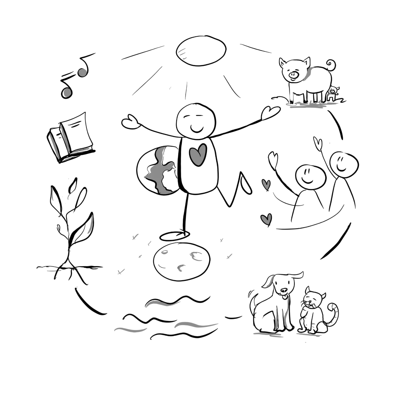 Zwart-wit cartoon lijntekening van een blij poppetje omringd door muziek, boeken, huisdieren, zon, plant en andere mensen