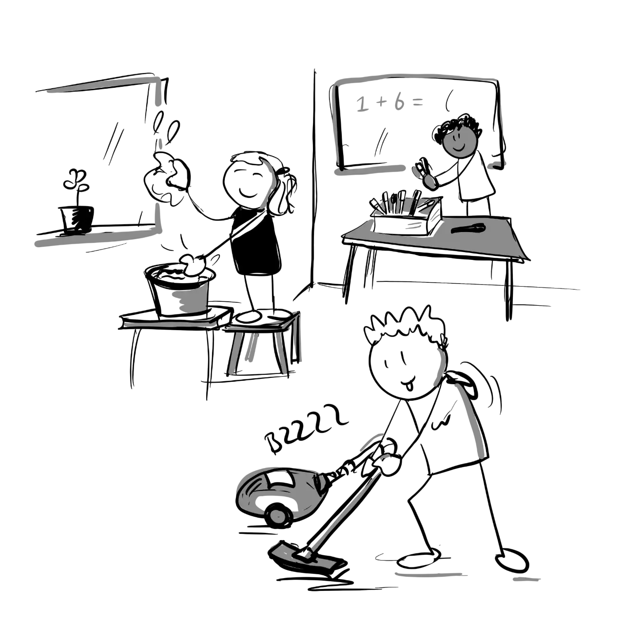 Cartoon van klaslokaal met leerlingen die taken uitvoeren