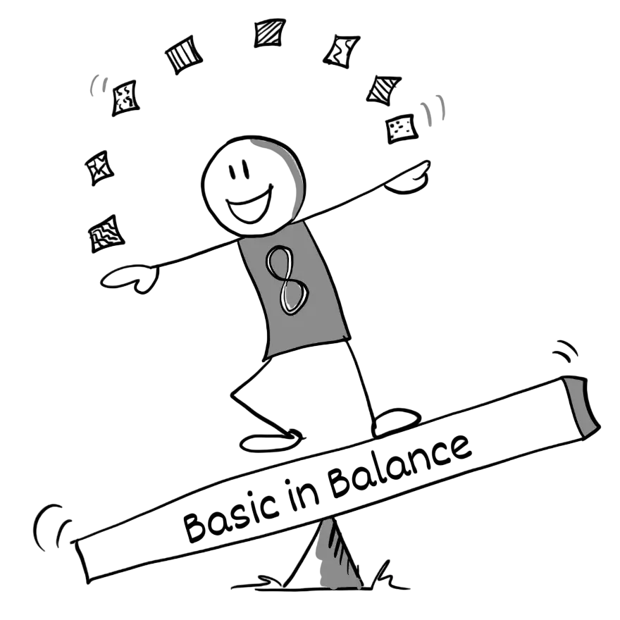 Simple black-and-white cartoon line drawing of a cheerful little figure balancing on a seesaw with the words “Basaal in Balans.”