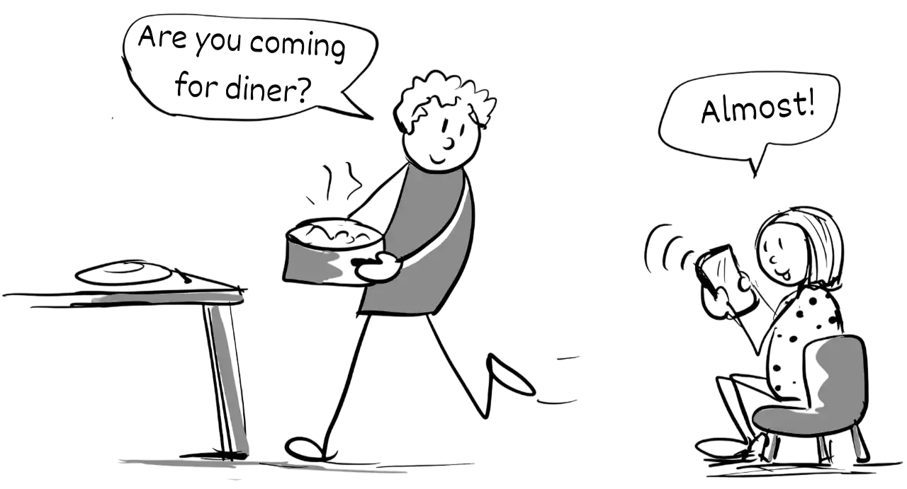 Black-and-white comic strip of a parent saying “Dinner’s ready!” while the child looks at their phone and replies, “Yeah, in a minute.”